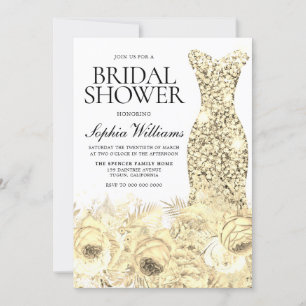Elegant Gold Sparkle Dress & Floral Bridal Shower Invitation