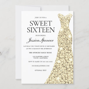 Elegant Gold Sparkle Dress Sweet 16 Invite