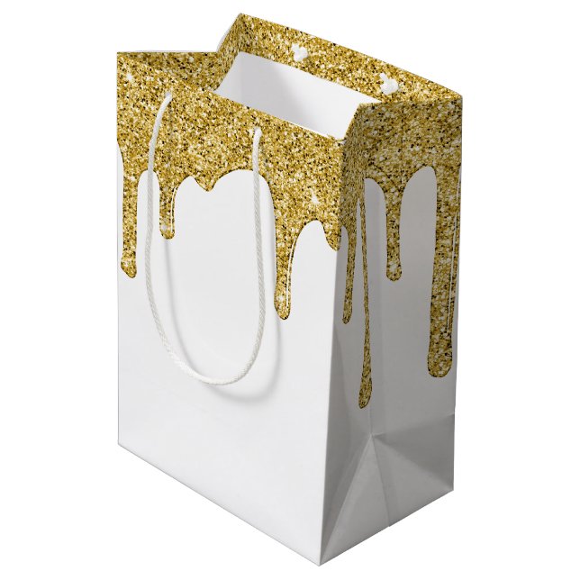 Elegant Gold Sparkle Glitter Drips Medium Gift Bag (Back Angled)