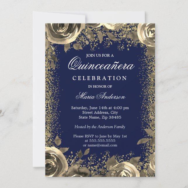 Elegant Gold Sparkle Glitter Quinceanera Invite (Front)