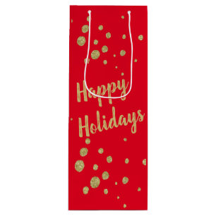 Elegant Gold Sparkle Happy Holidays Red Wine Gift Bag