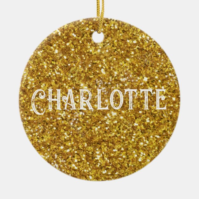 Elegant gold sparkles glitter personalise ceramic ornament (Front)