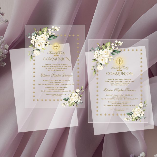 Elegant Gold Sparkles White Floral Holy Communion Acrylic Invitations (Creator Uploaded)