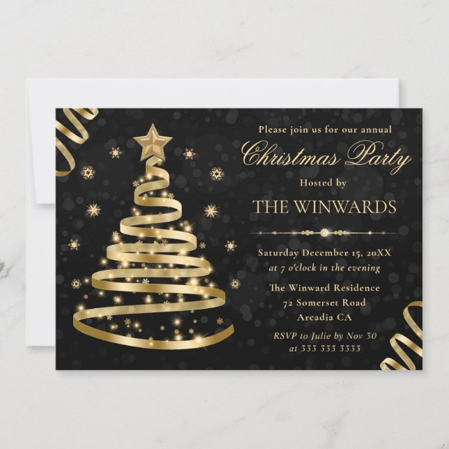 Elegant Gold Sparkly Ribbon Tree Christmas Party Invitation (Front)