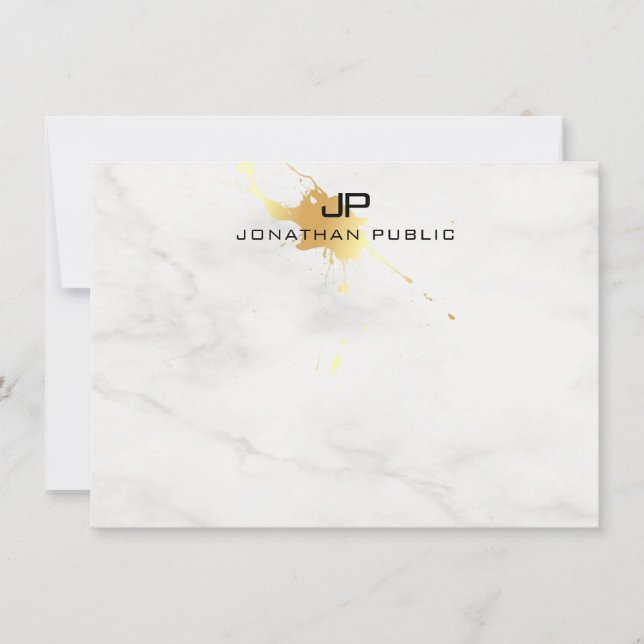 Elegant Gold Splash Modern Monogram White Marble Card (Front)