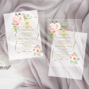 Elegant Gold Spring Blush Floral Holy Communion Acrylic Invitations