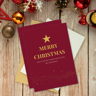 Elegant Gold Star Merry Christmas Burgundy Holiday Card