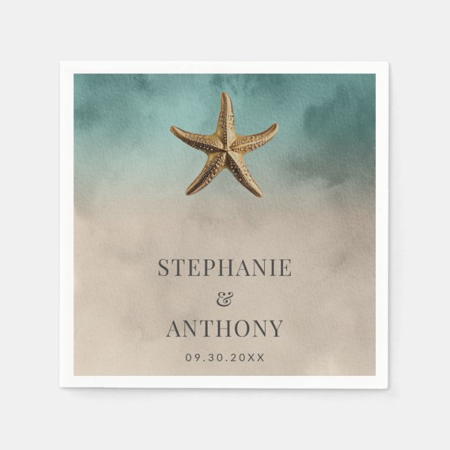 Elegant Gold Starfish Beach-Themed Wedding Napkin (Front)