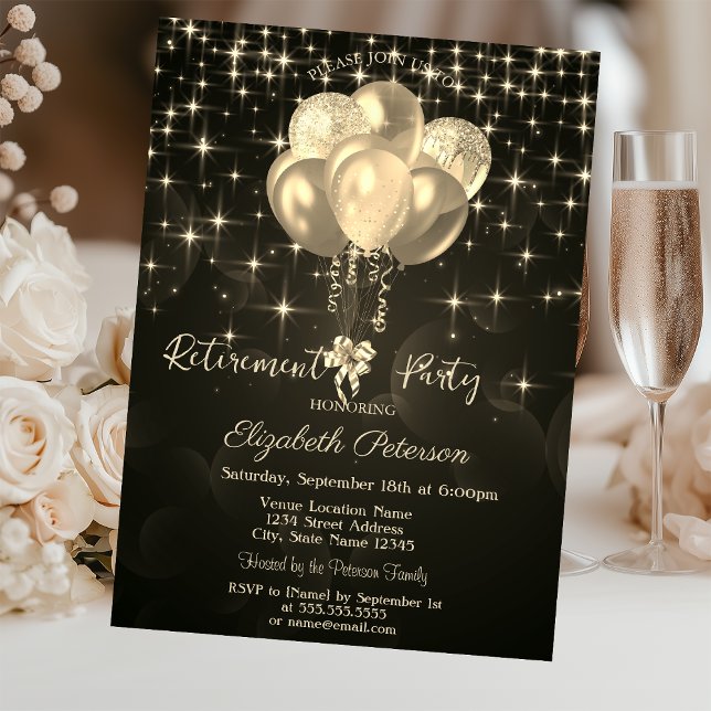 Elegant Gold Stars Balloons Black Retirement Invitation (Creator Uploaded)
