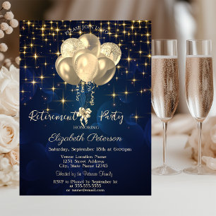 Elegant Gold Stars Balloons Navy Blue Retirement Invitation