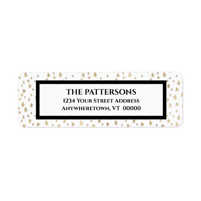 Elegant Gold Stars Black Border Return Address Label (Front)