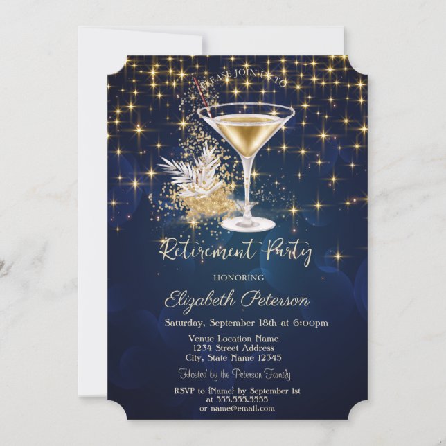 Elegant Gold Stars Champagne Navy Blue Retirement Invitation (Front)