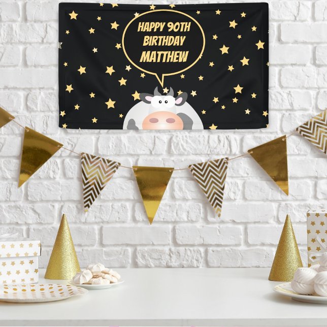 Elegant Gold Stars Cute Cartoon Cow 90th Birthday Banner (Creator Uploaded)