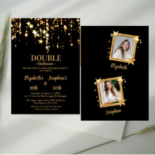 Elegant  gold stars double joint birthday 2 photo invitation