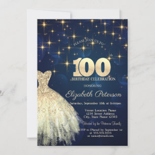 Elegant Gold Stars Dress Navy Blue 100th Birthday Invitation