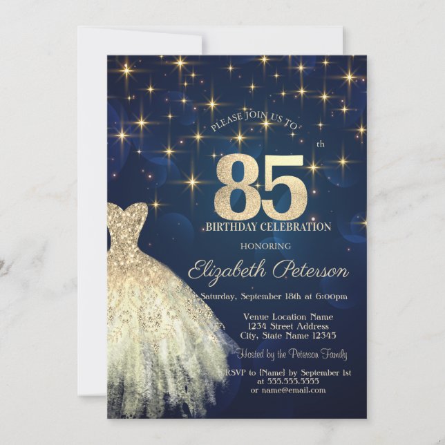 Elegant Gold Stars Dress Navy Blue 85th Birthday Invitation (Front)
