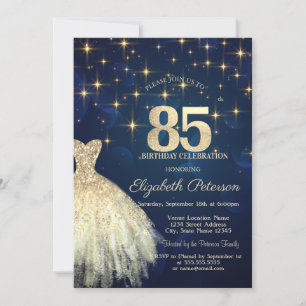 Elegant Gold Stars Dress Navy Blue 85th Birthday Invitation