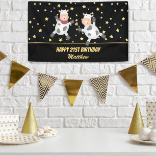 Elegant Gold Stars Funny Animal Couple Birthday Banner