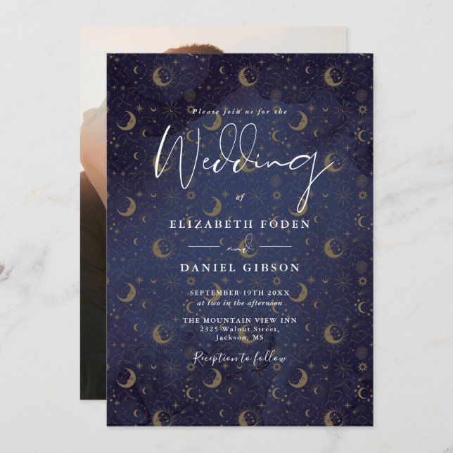 Elegant Gold Stars Moon Photo Celestial Wedding Invitation (Front/Back)