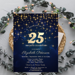 Elegant Gold Stars  Navy Blue 25th Birthday Party Invitation