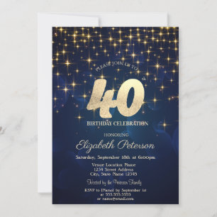 Elegant Gold Stars  Navy Blue 40th Birthday Party Invitation