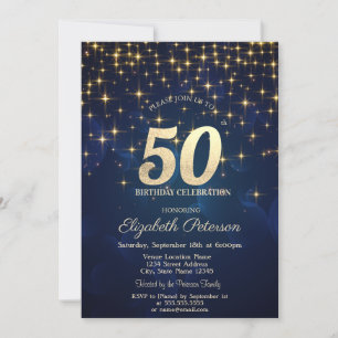 Elegant Gold Stars Navy Blue 50th Birthday Party Invitation