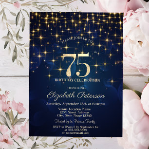 Elegant Gold Stars  Navy Blue 75th Birthday Party Invitation