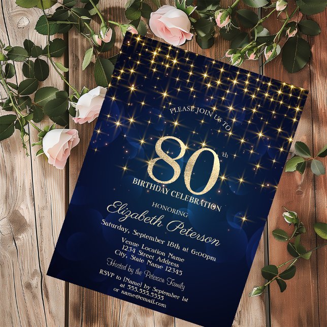 Elegant Gold Stars  Navy Blue 80th Birthday Party Invitation (Creator Uploaded)
