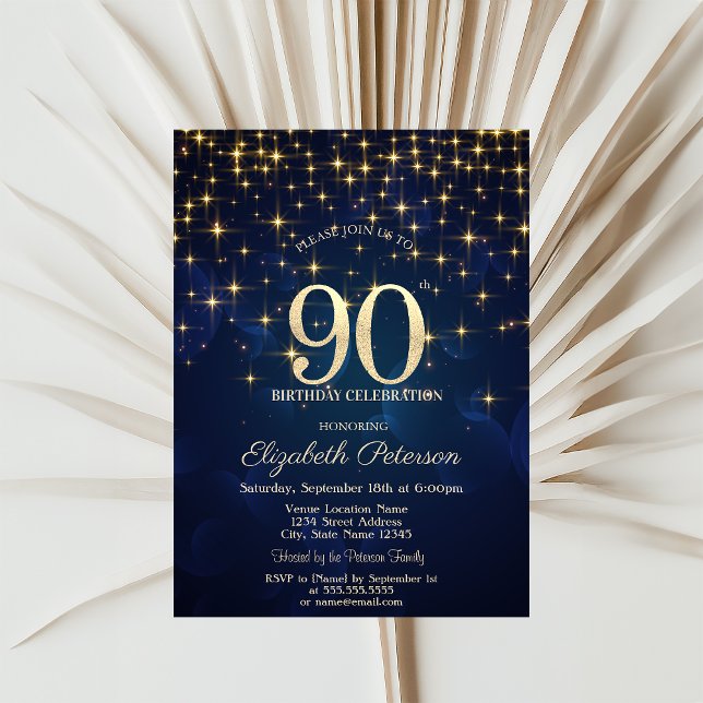 Elegant Gold Stars  Navy Blue 90th Birthday Party Invitation (Creator Uploaded)