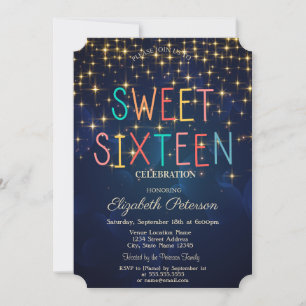 Elegant Gold Stars  Navy Blue Colourful Sweet 16 Invitation