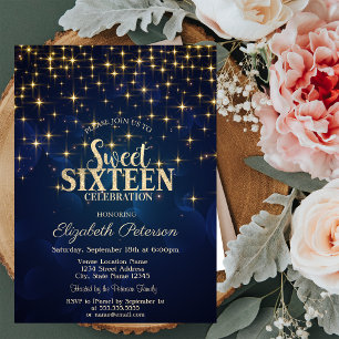 Elegant Gold Stars  Navy Blue Sweet 16 Invitation