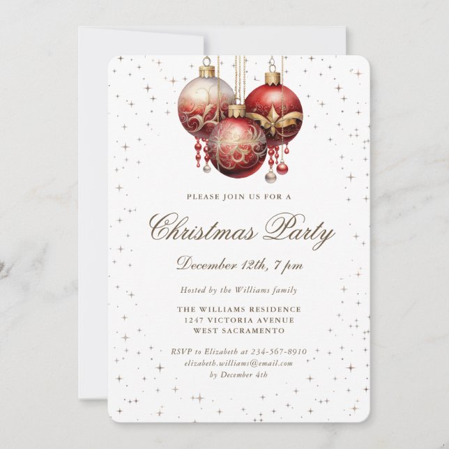 Elegant Gold Stars Red Ornaments Christmas Party Invitation (Front)