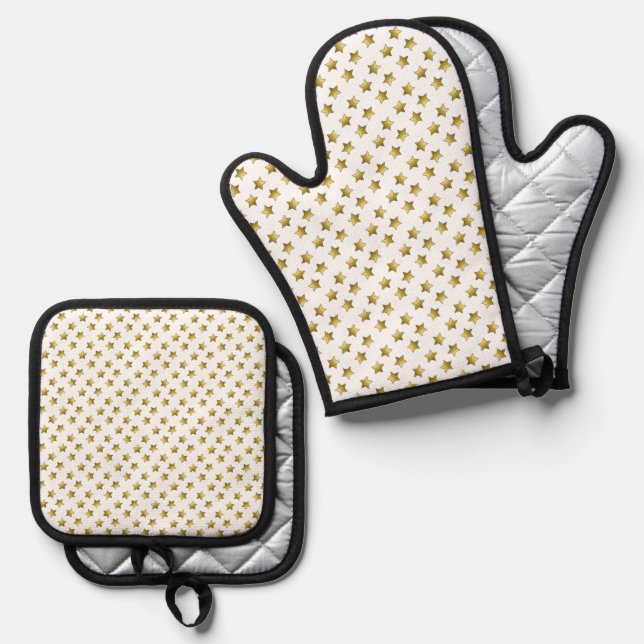 Elegant gold stars white pattern oven mitt & pot holder set (Front/Back)