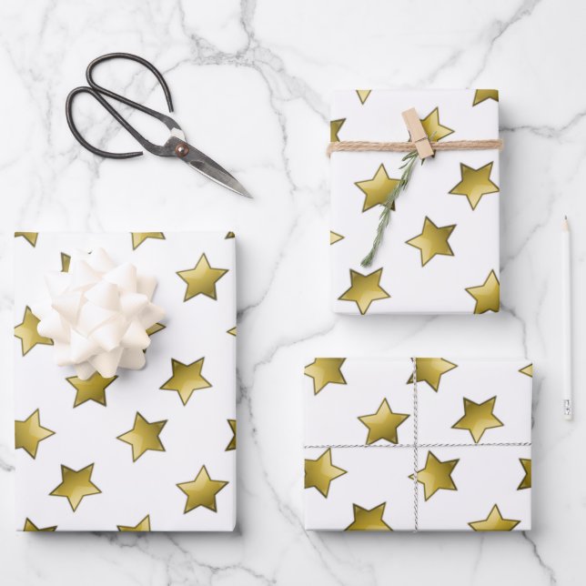 Elegant gold stars white pattern wrapping paper sheet (Front)