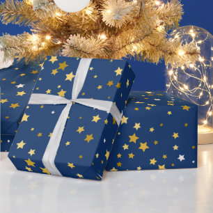 elegant gold stars with blue pattern wrapping paper