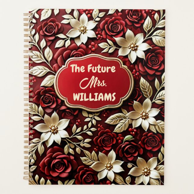 Elegant gold steel copper metallic red floral planner (Front)