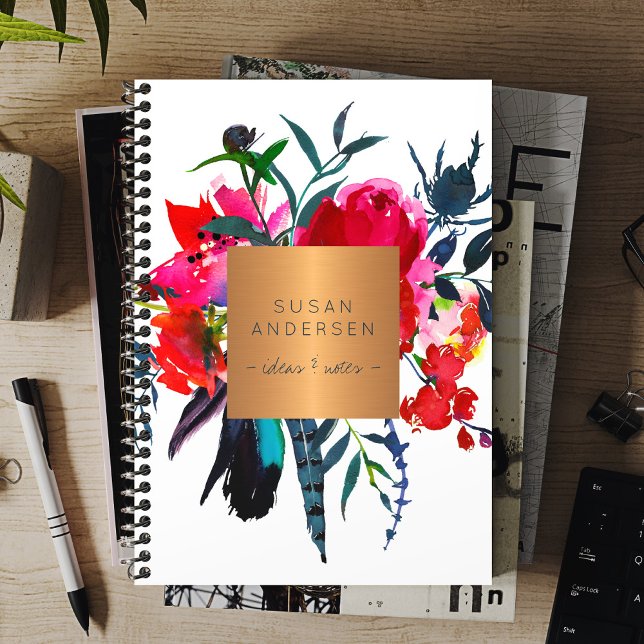 Elegant gold steel copper metallic red navy floral notebook (Creator Uploaded)