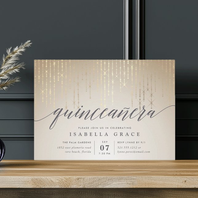 Elegant Gold String Lights Quinceanera Invitation (Creator Uploaded)