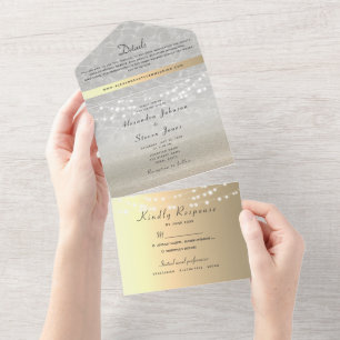 Elegant Gold String Lights Wedding All In One Invitation