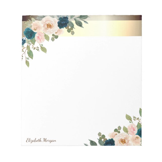 Elegant Gold Stripe,Blue Flowers Notepad (Front)
