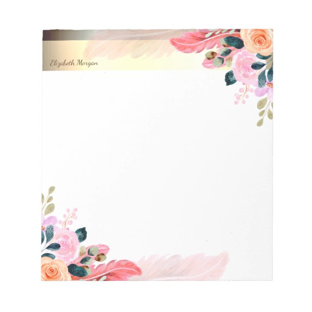 Elegant Gold Stripe, Flowers Feather Notepad (Front)