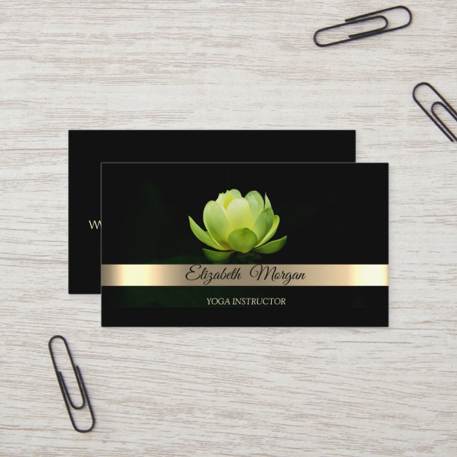 Elegant Gold Stripe Green Lotus Flower Yoga Business Card (Front/Back In Situ)