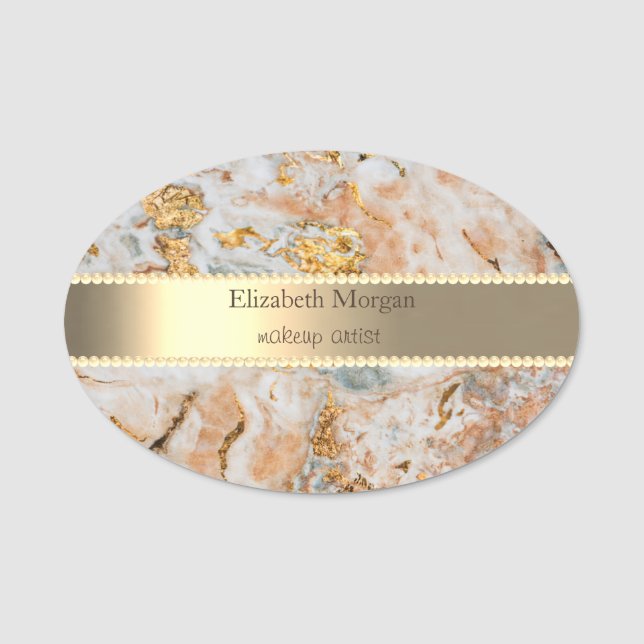 Elegant Gold Stripe,Pearls Gold Marble Name Tag (Front)
