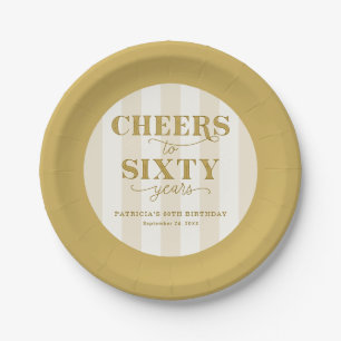 Elegant Gold Striped Cheers to 60 Years Birthday  Paper Plate