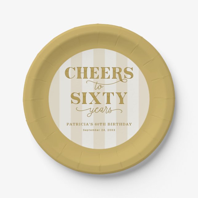 Elegant Gold Striped Cheers to 60 Years Birthday  Paper Plate (Front)