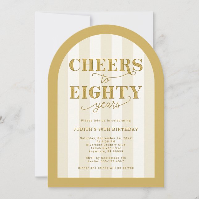Elegant Gold Striped Cheers to 80 Years Birthday Invitation (Front)