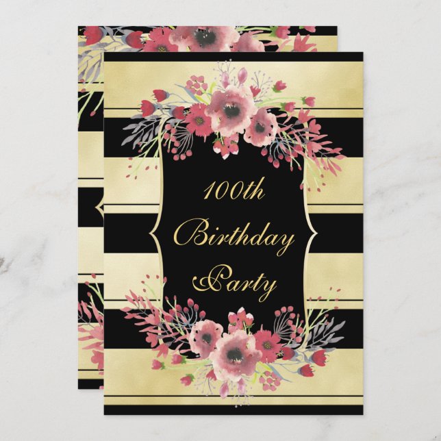 Elegant Gold Stripes Floral Watercolor 100th Invitation (Front/Back)