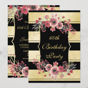 Elegant Gold Stripes Floral Watercolor 60th Invitation