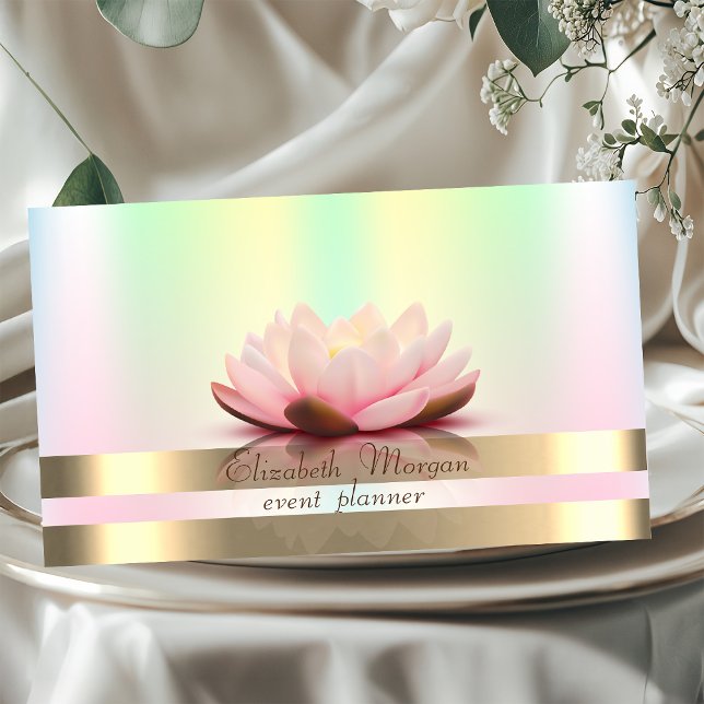 Elegant Gold Stripes Holographic Iridescent Lotus Business Card (Creator Uploaded)