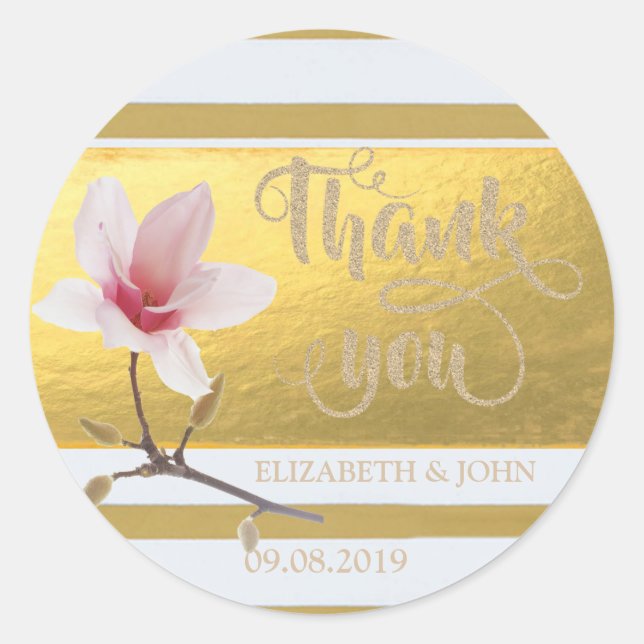Elegant Gold Stripes Magnolia  You Wedding Sticker (Front)